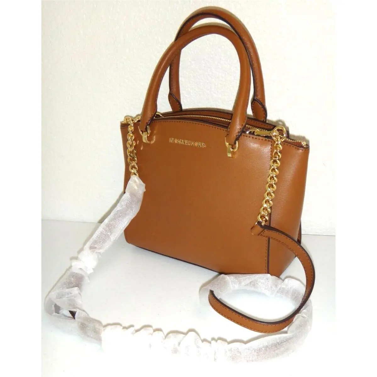 Michael Kors Ellis MK SM Satchel Hand Bag Brown Luggage Leather Gold 38F9XE0S1L