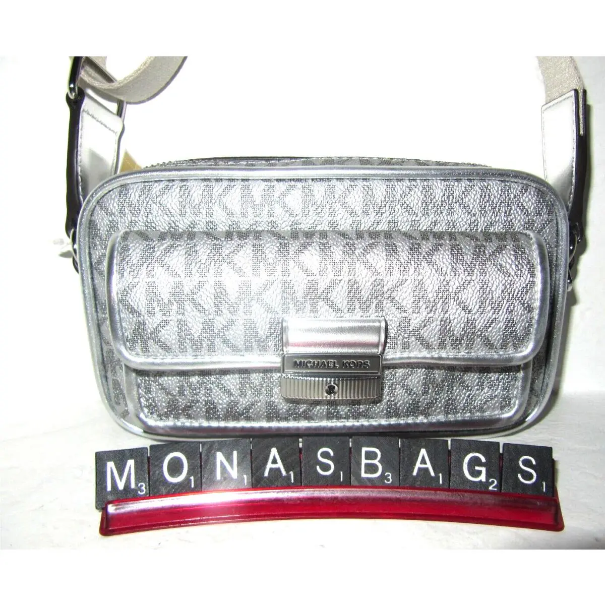 Michael Kors Bradshaw XS Silver Metallic Signature Logo Camera Crossbody Bag