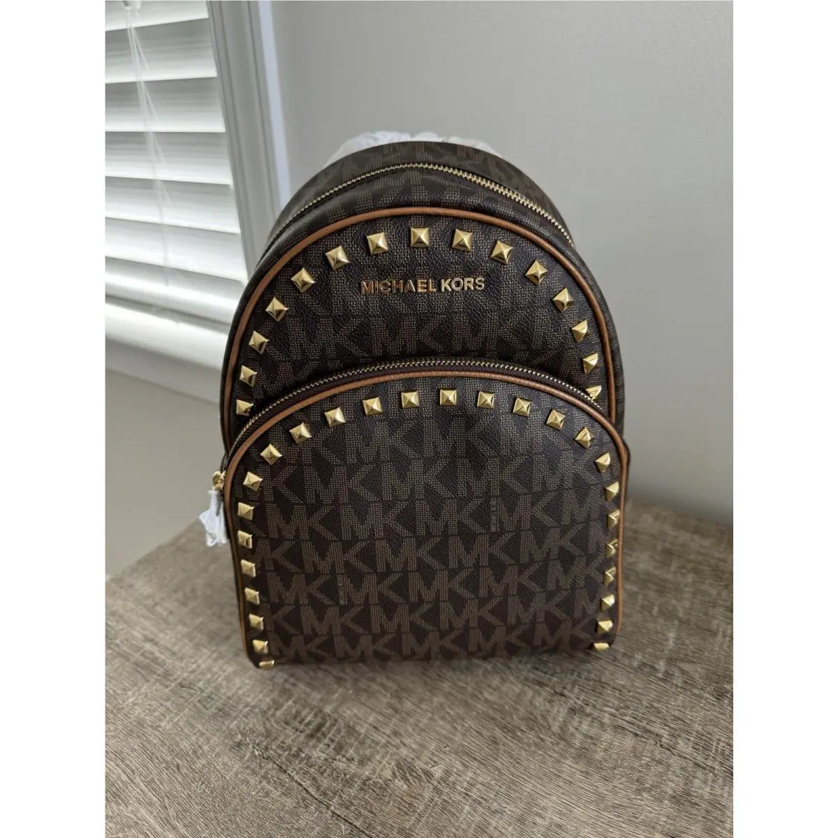 Michael Kors Abby Medium Frame Out Stud Backpack In Brn/acorn