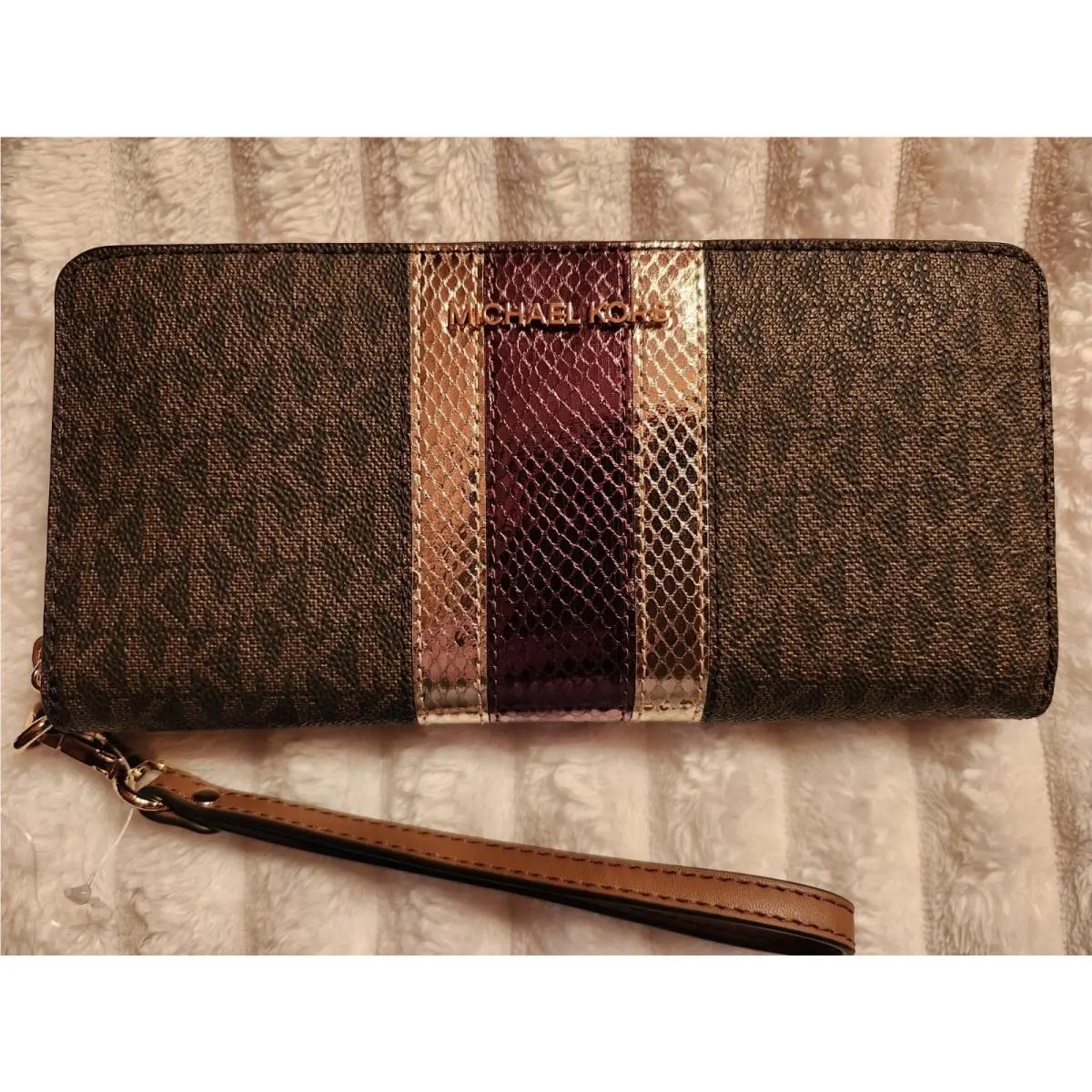 Michael Kors Jet Set Travel Large Brown Logo Gold Metallic Wallet- 8.5