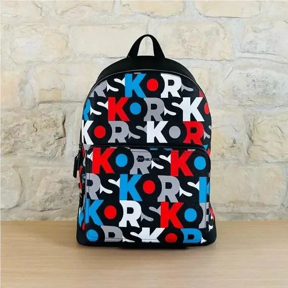 Michael Kors Cooper Signature Pvc Graphic Logo Commuter Backpack Red Blue Multi