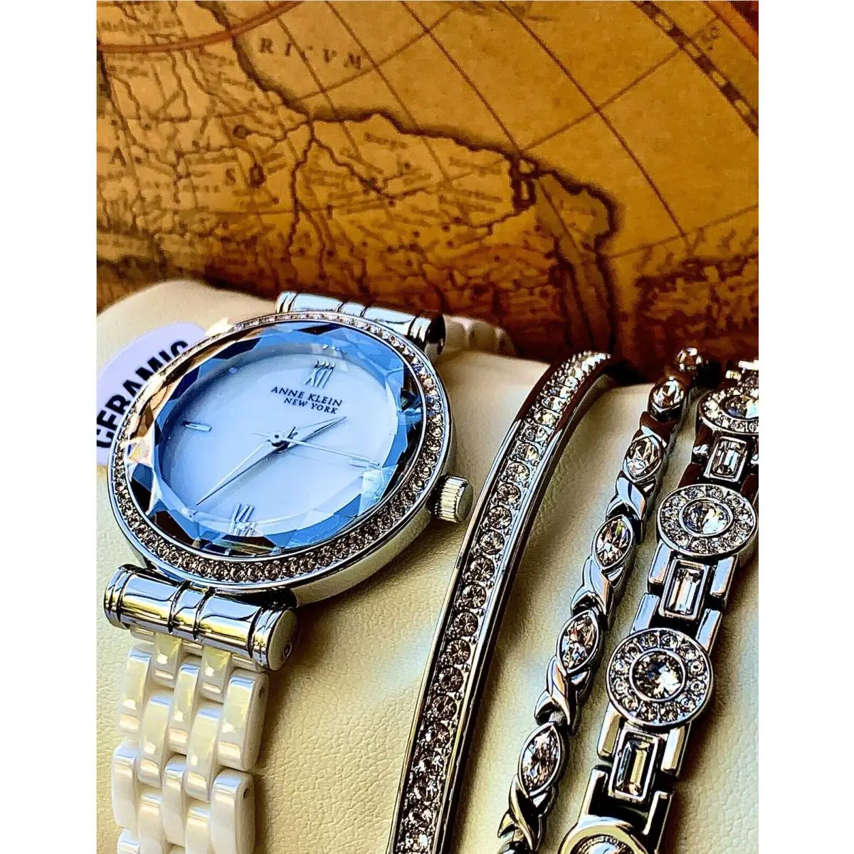 Anne Klein NY Stainless W/crystals Ceramic Women`s Watch Set