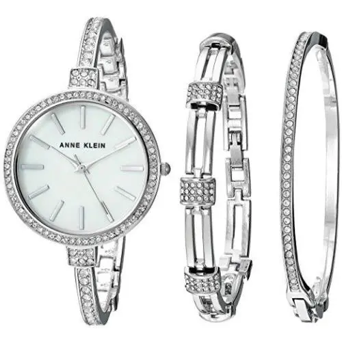 Anne Klein 3 PC Set Silver WATCH+2 Bangles Swarovski Crystals AK/2847SVST