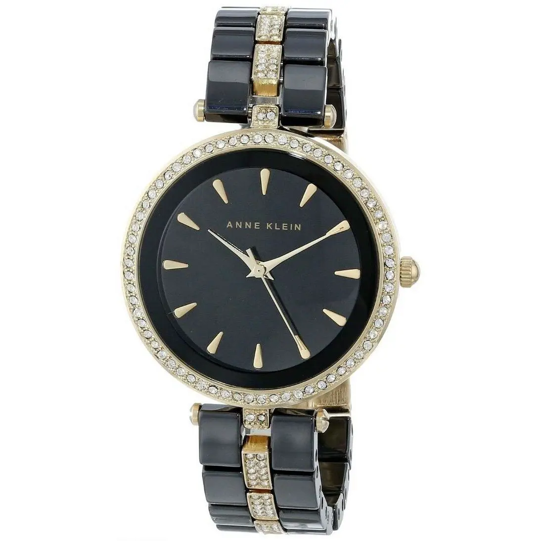 Anne Klein AK/1444BKGB Crystals Gold-tone Black Ceramic Band Womens Watch - Dial: Black, Band: Gold & Black
