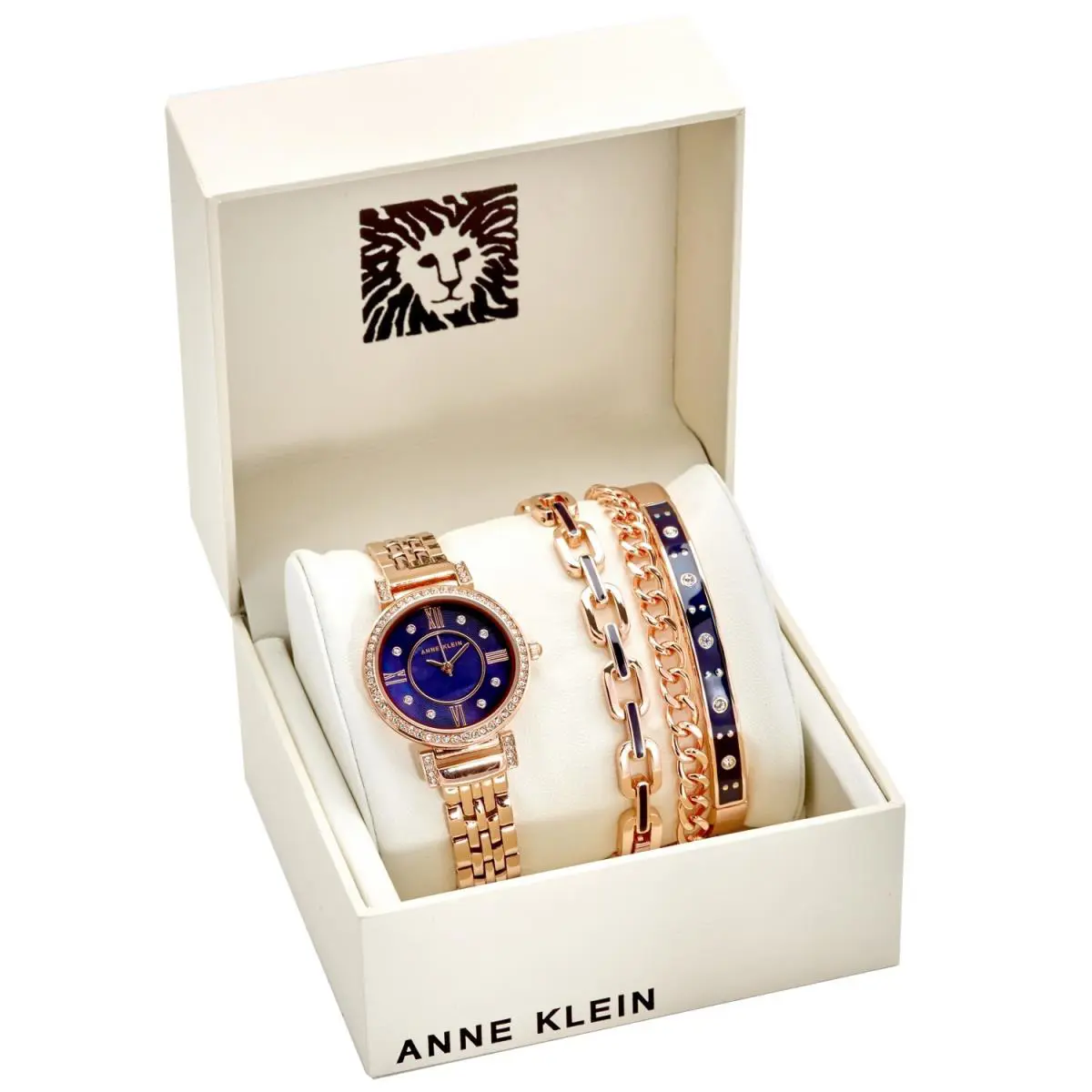 Navy Mother of Pearl Crystal Dial Women`s Anne Klein Round Watch Bracelet Set
