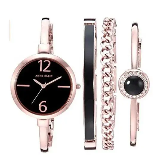Anne Klein Women`s AK/3290BKST Rose Gold-tone Bangle Watch and Bracelet Set