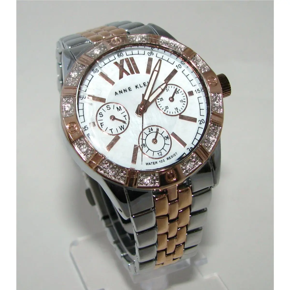 Anne Klein Rose Gold+silver Tone Band Mop Dial W/crystal Watch AK/1001MPRT-NEW