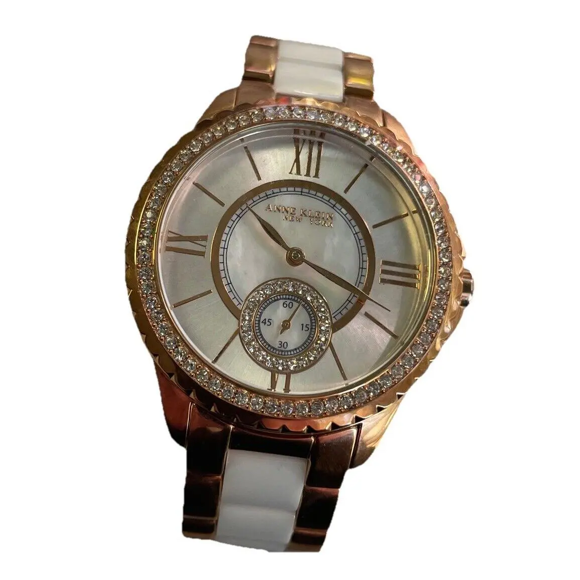 Anne Klein Rose Gold Sub Dial White Ceramic Elegant Bracelet Dress Watch Women - Dial: White, Band: White, Gold, Bezel: Champagne
