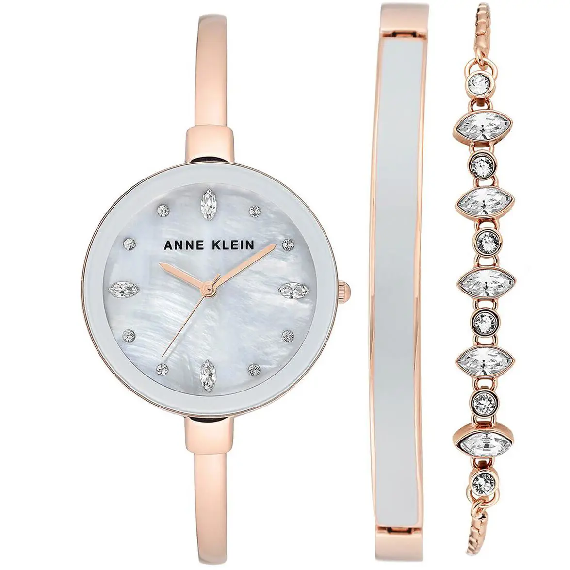 Anne Klein Women`s AK/3352 Swarovski Crystal Accented Bangle Watch and Bracelet - Dial: Gray, Band: ROSE GOLD