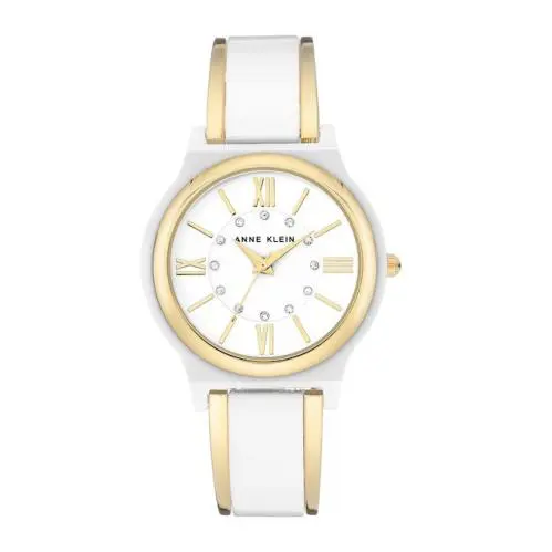 Anne Klein Gold+white Resin 2 Tone Bangle Crystals Bracelet Watch AK/2678WTGB - Dial: White, Band: White, Yellow Gold