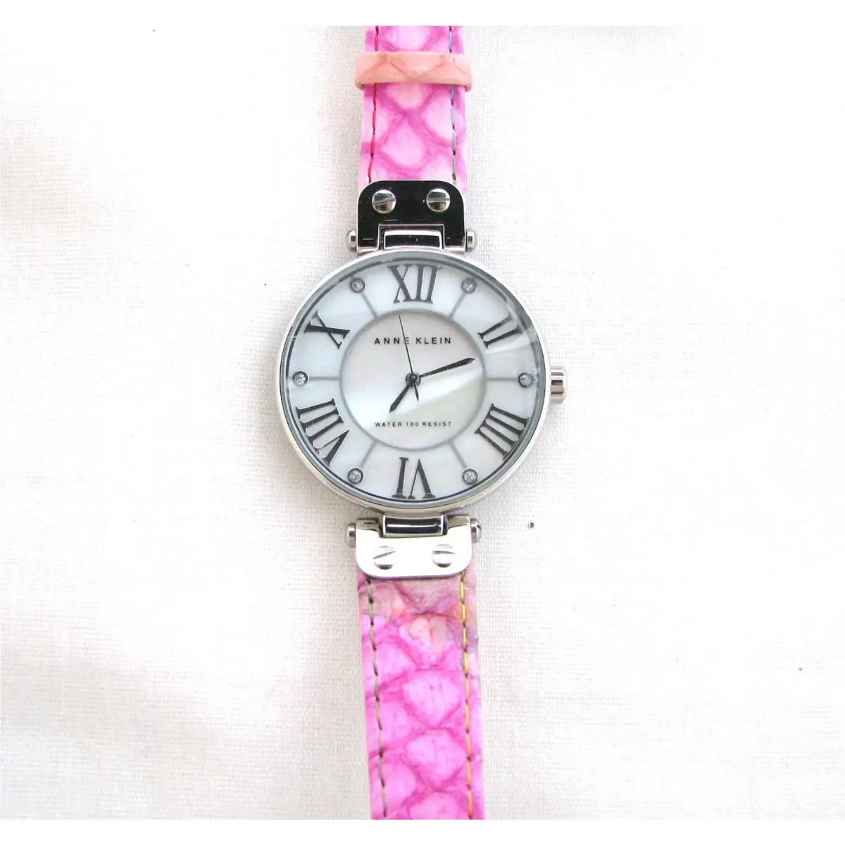 Anne Klein Pink+purple+blue Leather Band+silver Tone Mop Roman `s Watch AK/1335