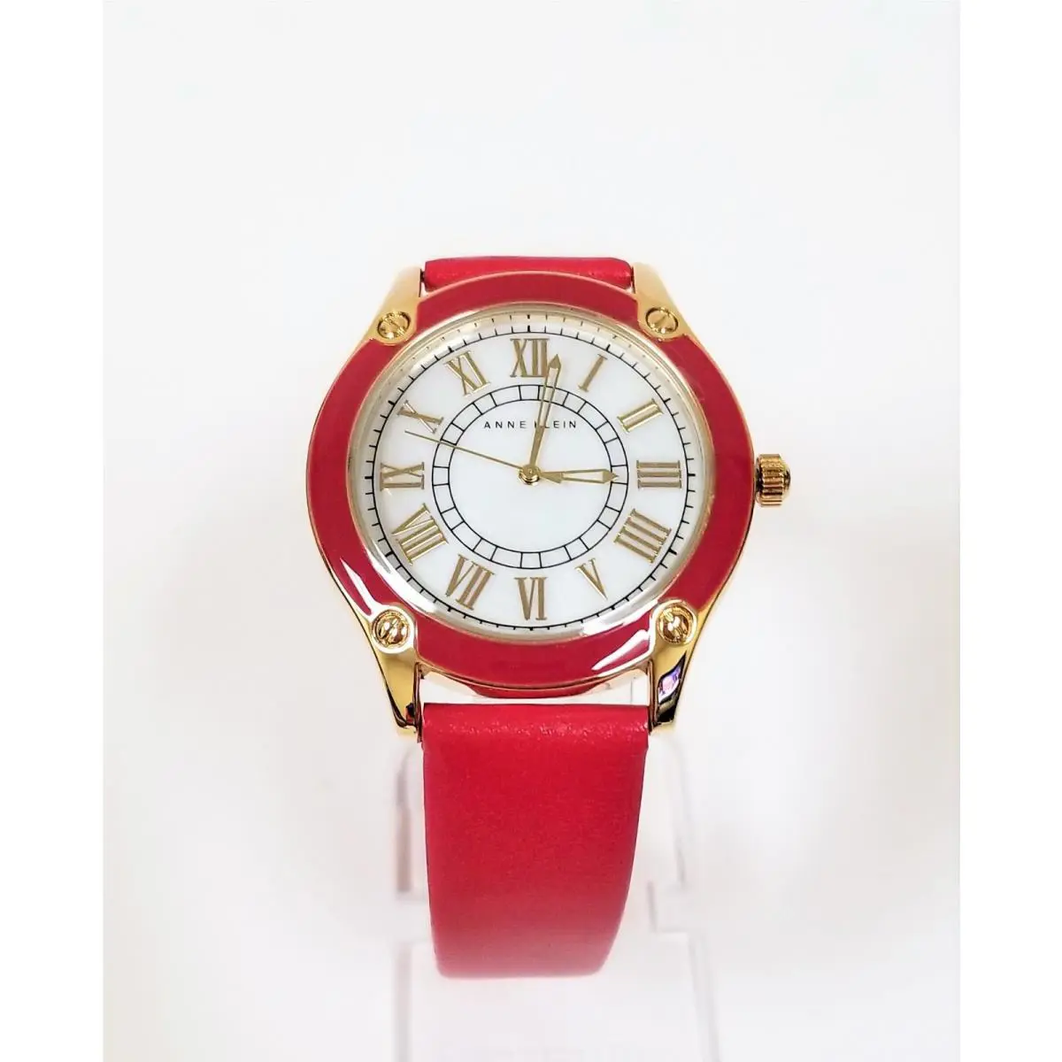 Anne Klein Gold Tone Fuchsia Leather Backing Roman `S Mop Watch AK/1782