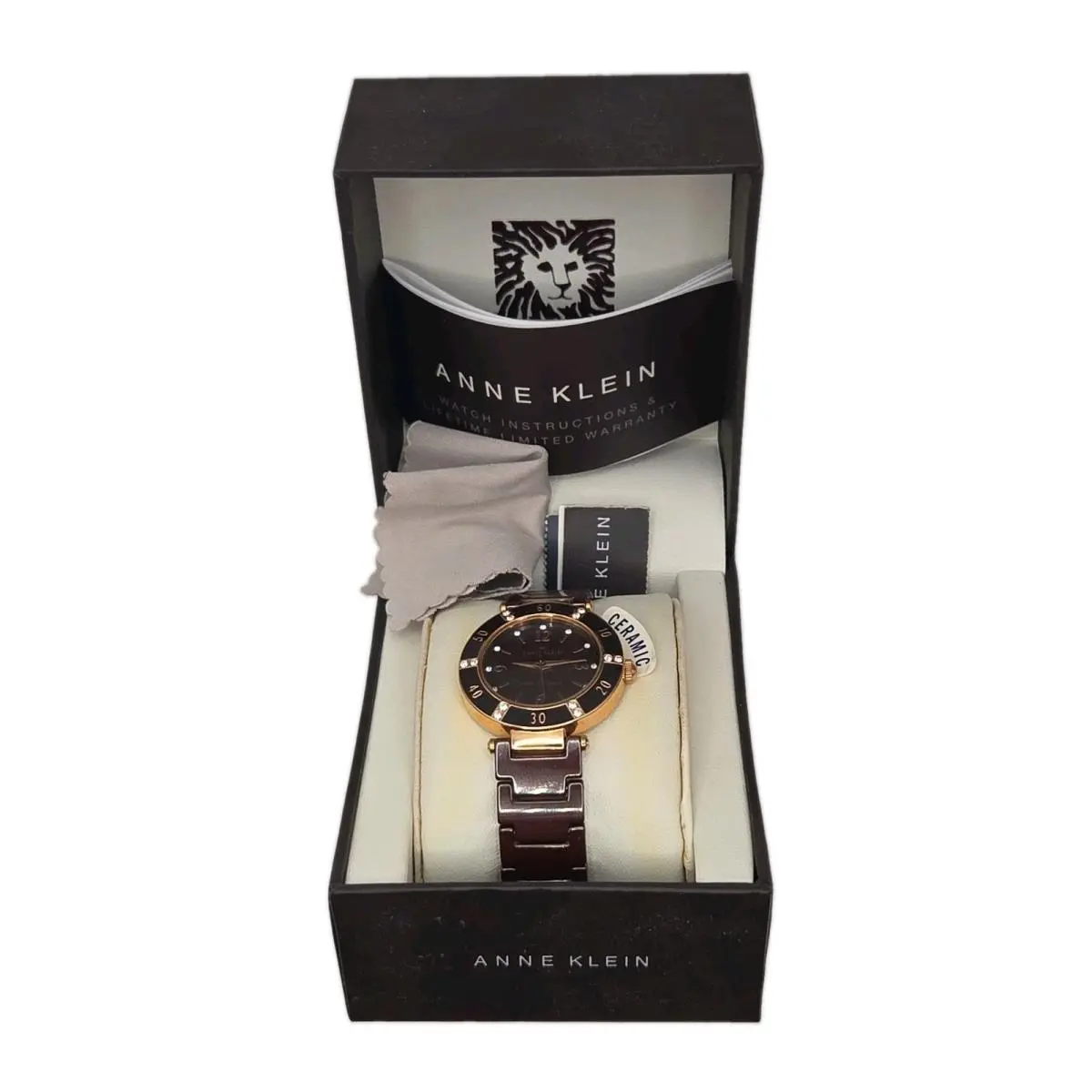 32mm Swarovski Crystal Bezel Brown Ceramic Watch 10/9416 Battery by Anne Klein