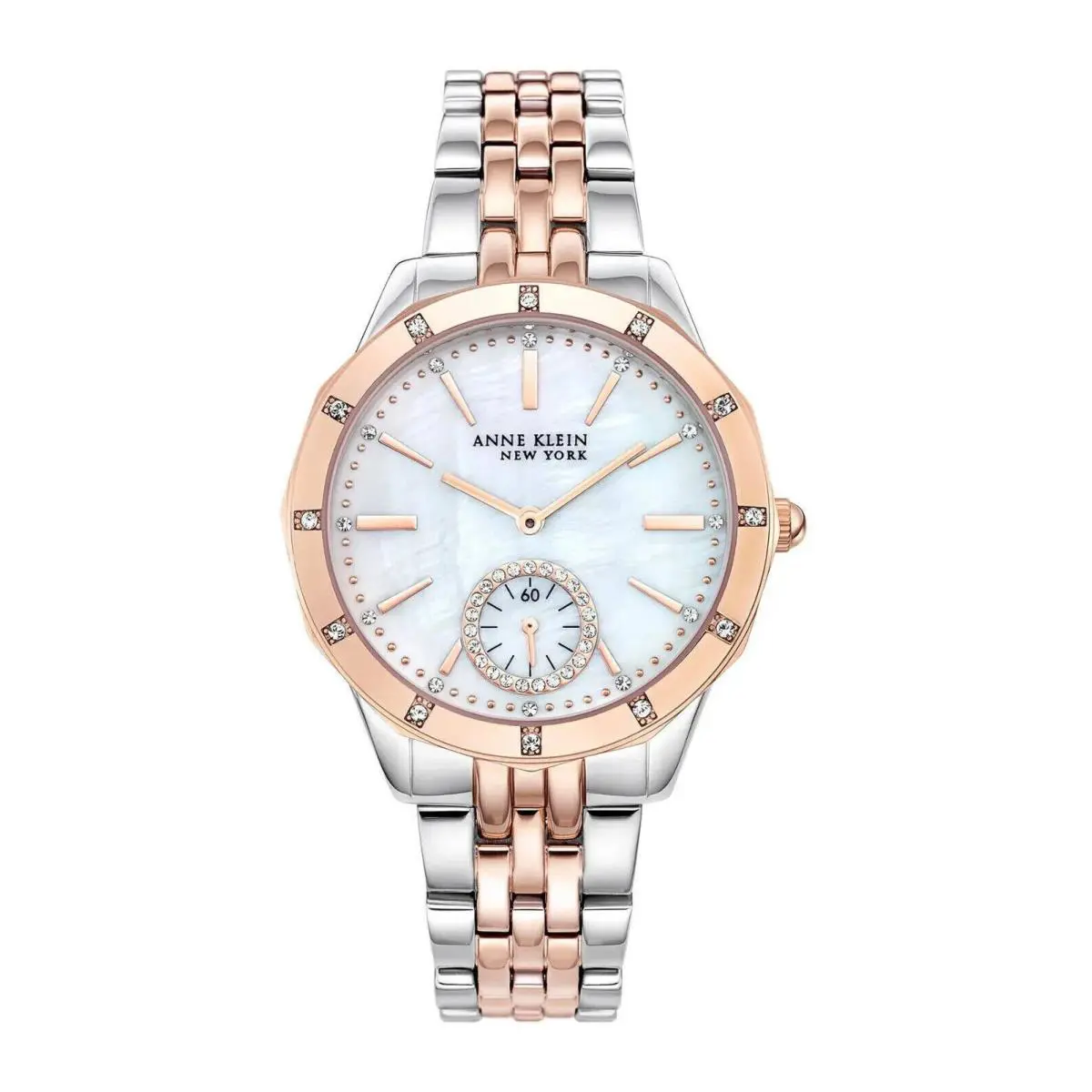 Anne Klein York 12/2305MPRT Swarovski Crystal Mop Dial Women`s Watch - Dial: Mother-of-pearl, Band: Rose Gold & Silver Tone, Bezel: Rose Gold