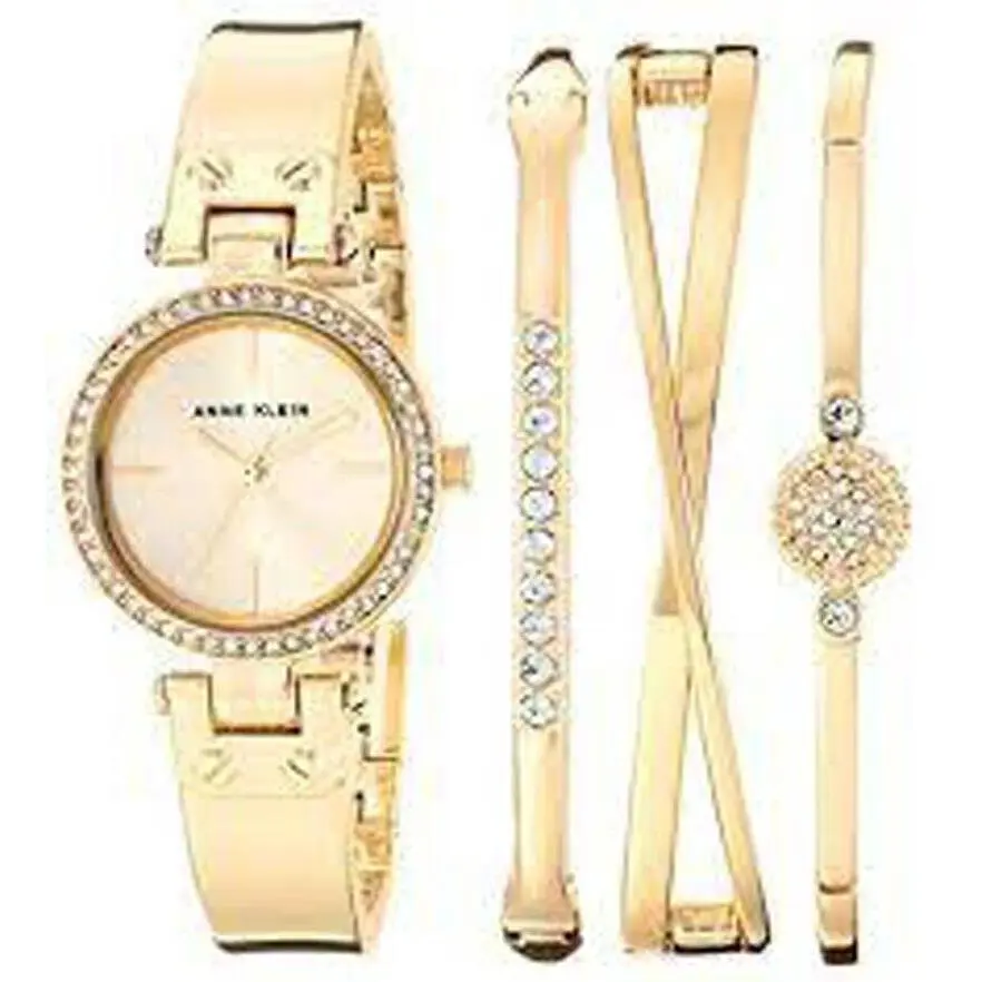 Anne Klein Women`s Swarovski Crystal Accented Bangle Watch AK/3368GBST Set - Dial: Gold, Band: Gold