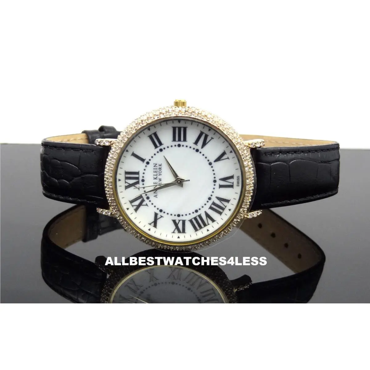 Anne Klein 12/2086WMBK Crystal Black Leather Strap Mother-of-pearl Dial