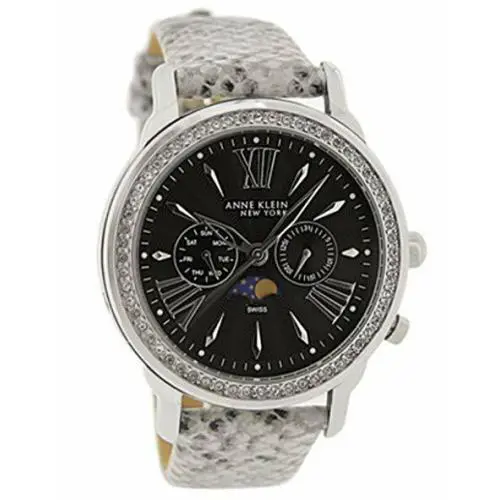Anne Klein 12/2121BKBW Moon Phase Gray Leather Strap Crystal Women`s Watch