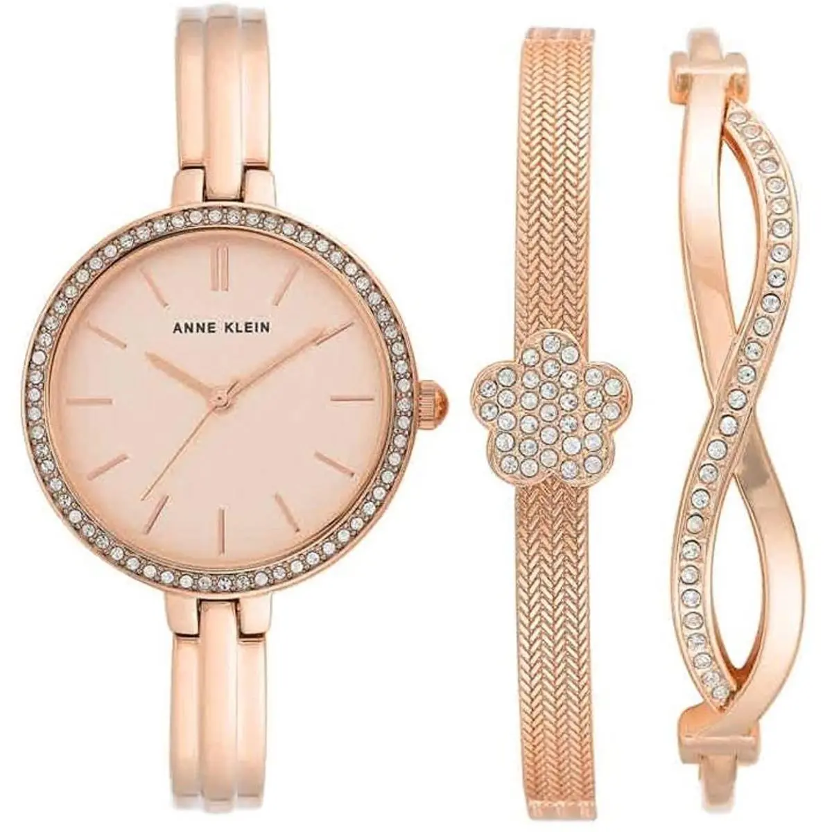 Anne Klein AK-3398GBST Women`s Rose Gold-tone Crystal Quartz Watch Bracelet Set