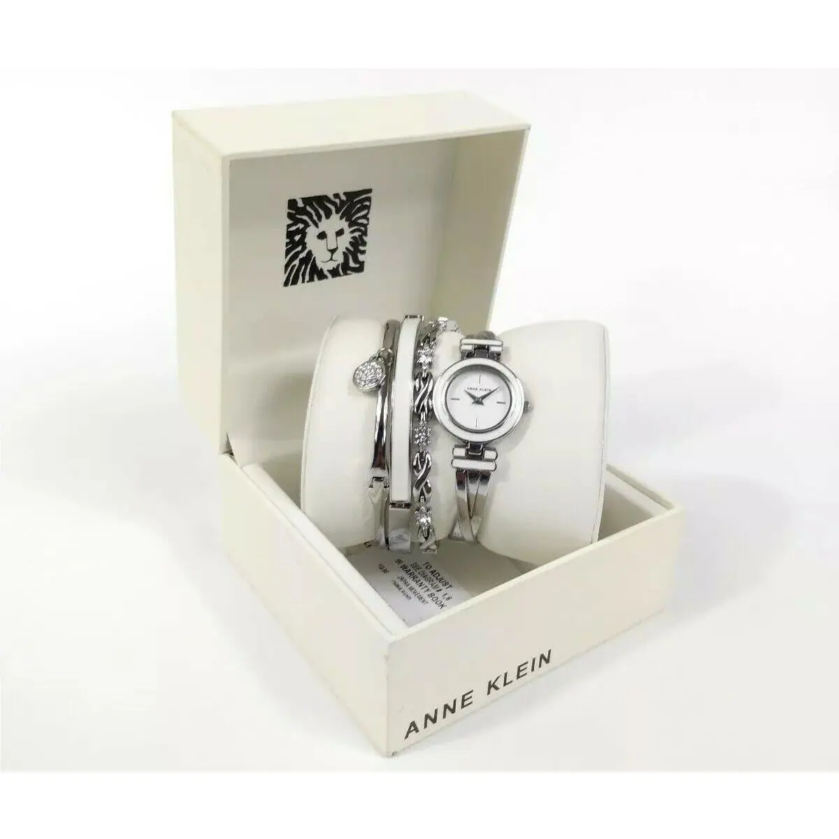 Anne Klein Bangle Watch Two Tone Silver White Crystal Bracelet Set AK/3285