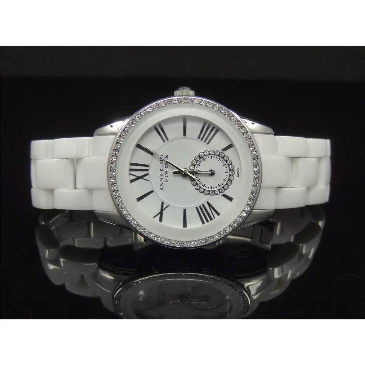 Anne Klein 12/2199WTWB White Ceramic Band Crystal Accented Women`s Watch