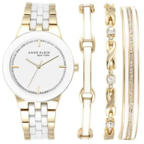 Anne Klein York 12/2242GBST White Ceramic Swarovski Watch Bracelet