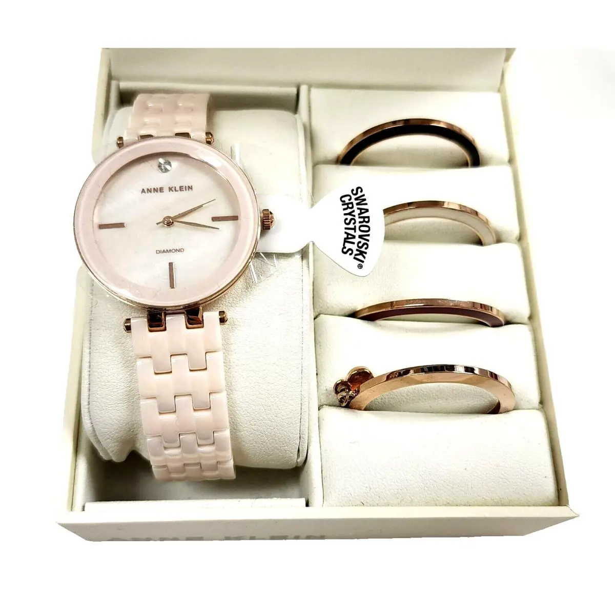 Anne Klein Rose Gold Pink Mop Dial Ceramic 4 Interchangable Bezel Bracelet Watch