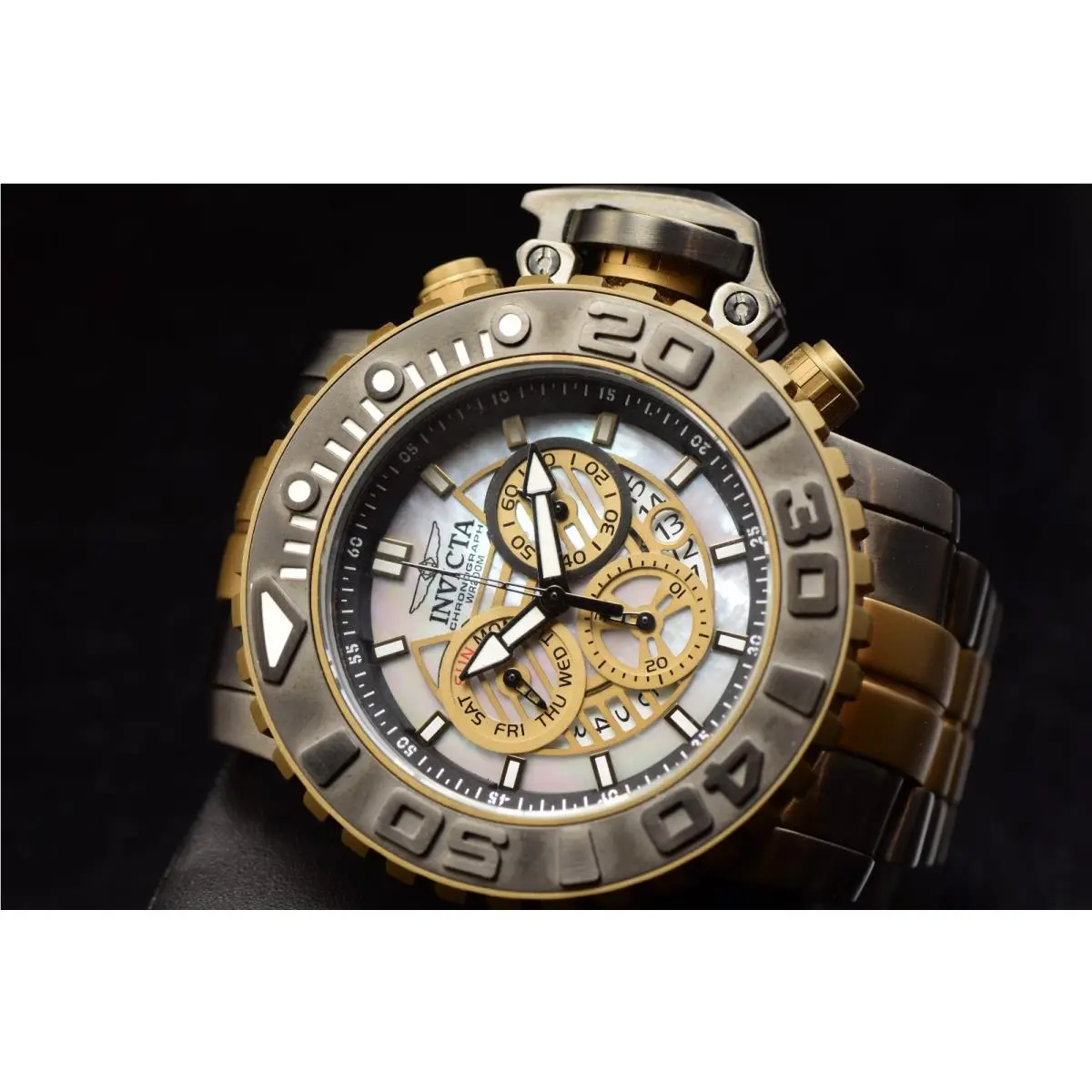 Invicta Mens Sea Hunter 58mm Mop Dial Chronograph Swiss 2 Tone Bracelet SS Watch