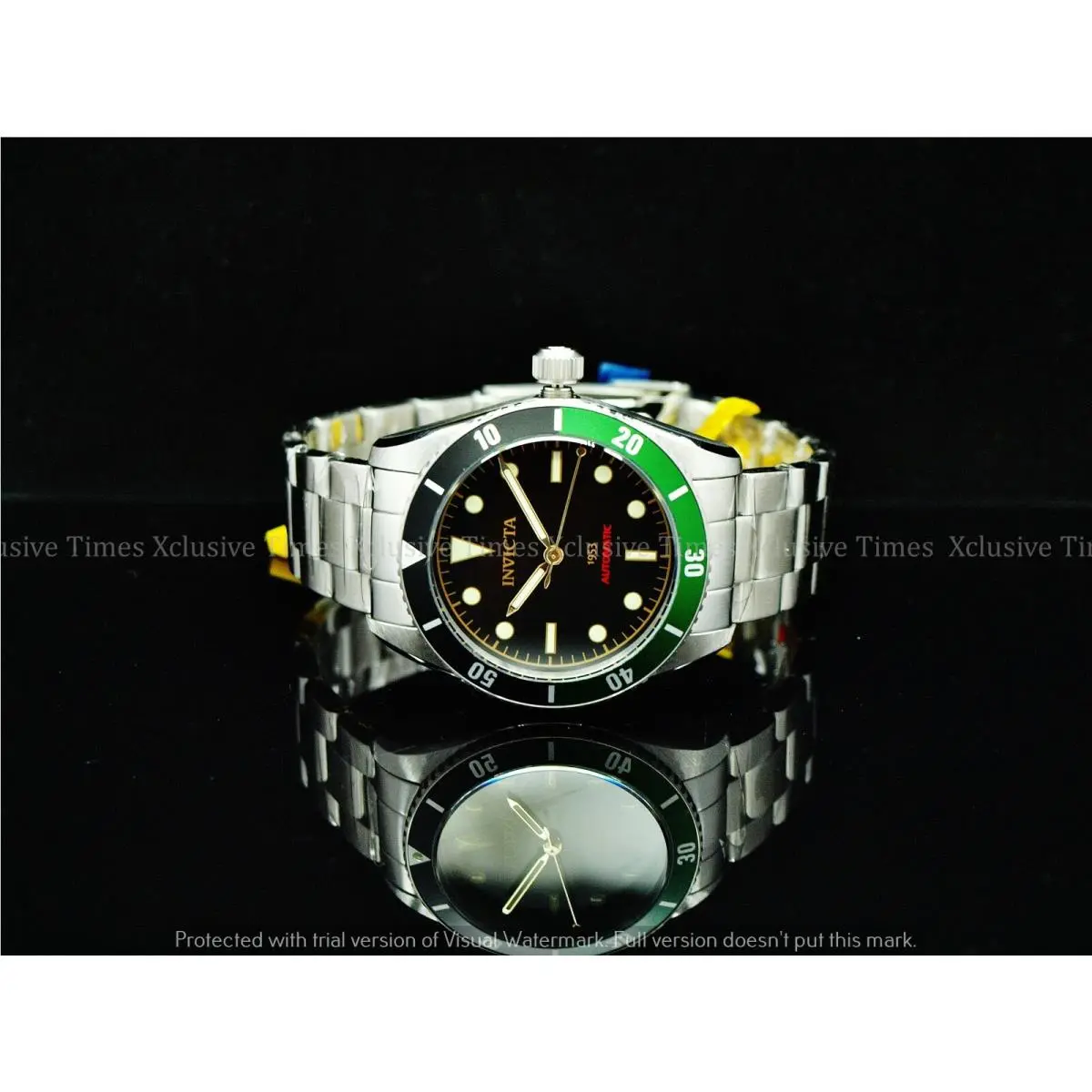Invicta 40mm Men`s 1953 Pro Diver Automatic Green-blk Bezel Black Dial SS Watch - Dial: Black, Band: Silver, Bezel: Black, Green