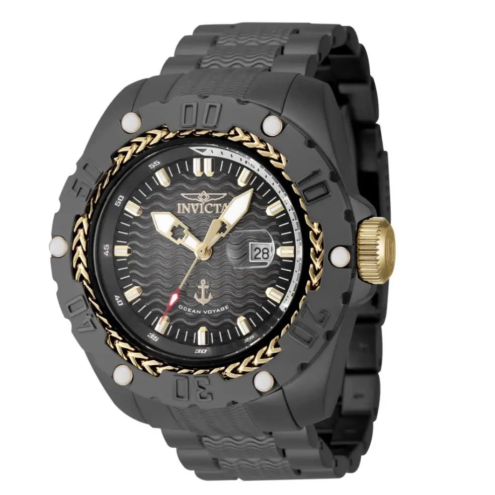 Invicta Bolt Explorer Men`s 52mm Black Wave Dial Gold Quartz Watch 47743 - Dial: Black, White, Yellow, Band: Black, Bezel: Black, Gold