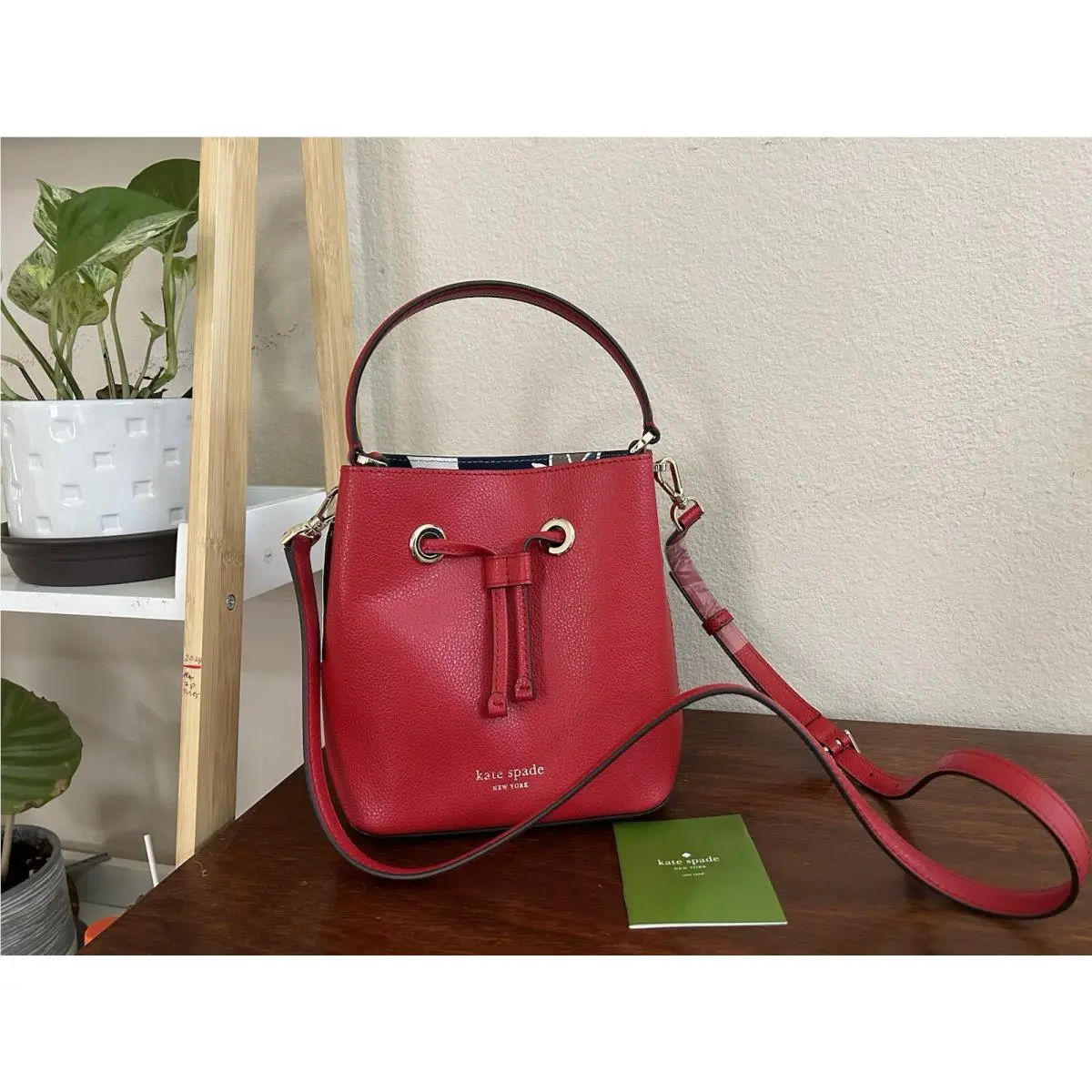 Kate Spade Eva Red / Floral Refined Grain Leather Small Bucket Crossbody Bag