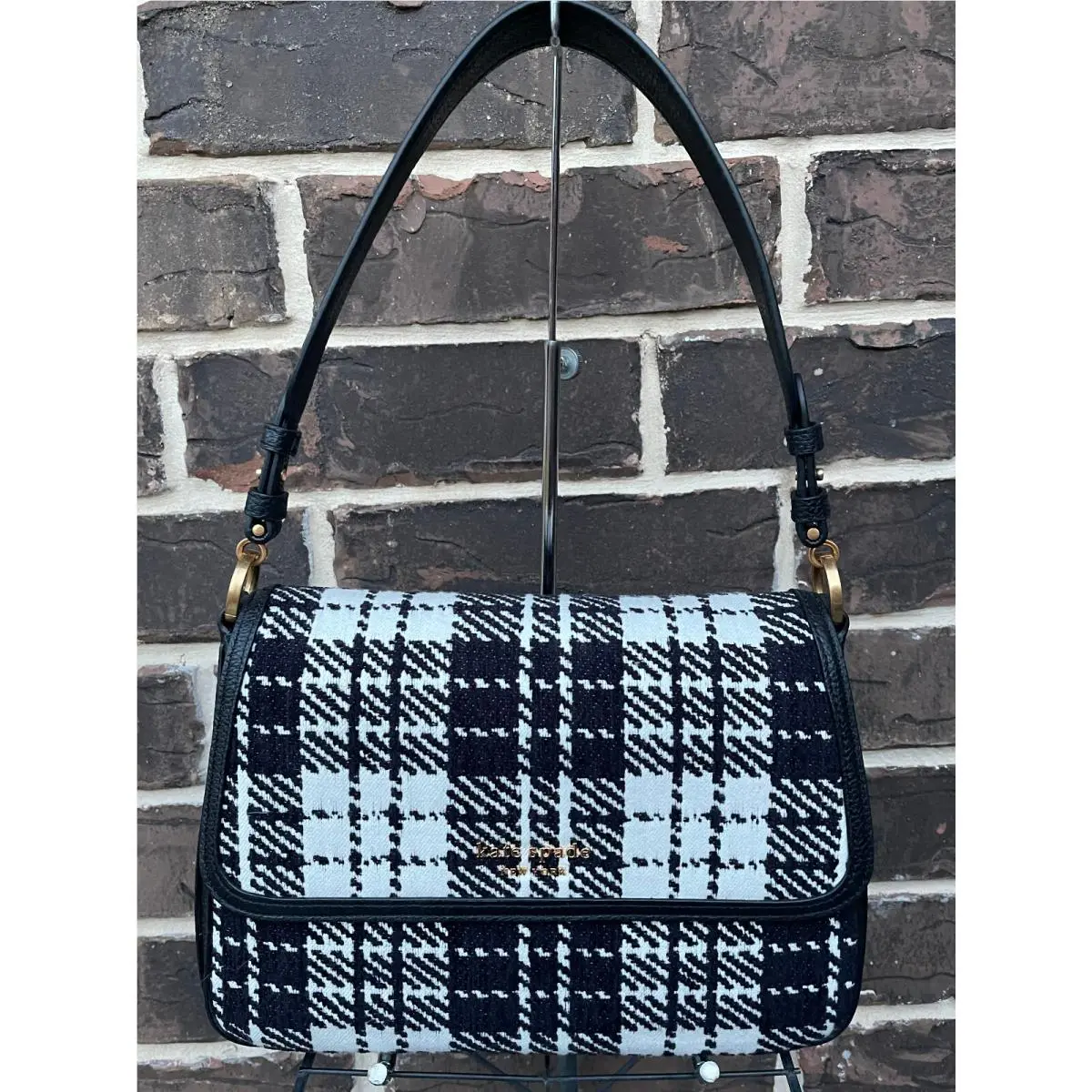Kate Spade Hudson Medium Jacquard Convertible Shoulder Bag Plaid Black