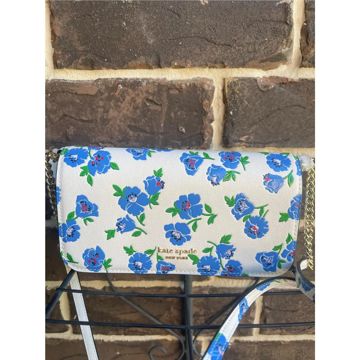 Kate Spade Devin Springtime Blooms Flap Chain Wallet Crossbody Cream Blue