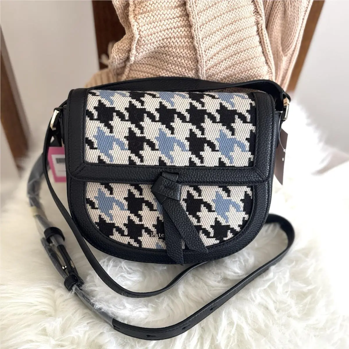 Knott Houndstooth Medium Saddle Crossbody k4392 by Kate Spade