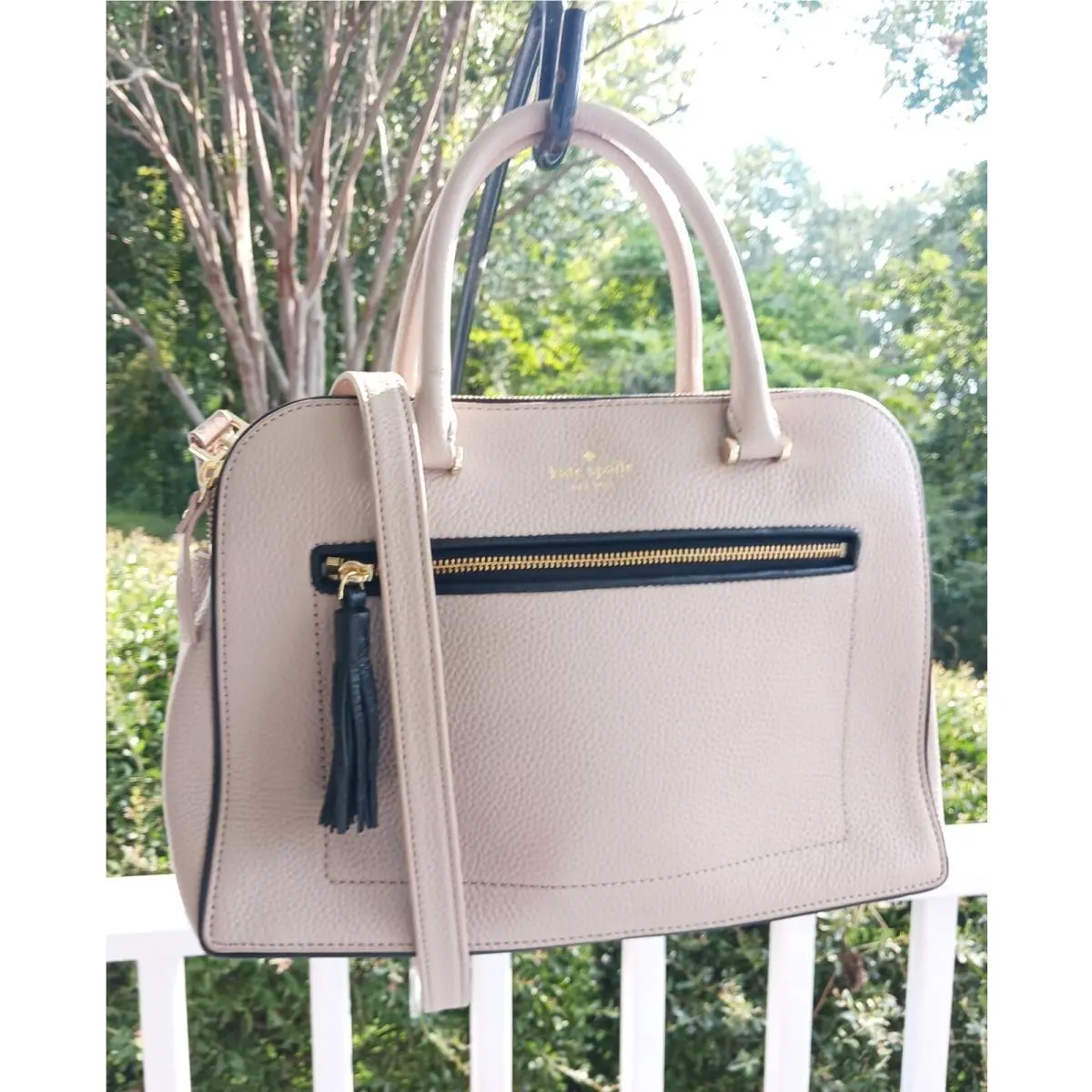 Kate Spade Kalen WKRU4074 Beige Pebbled Leather Satchel with Tassel Detail