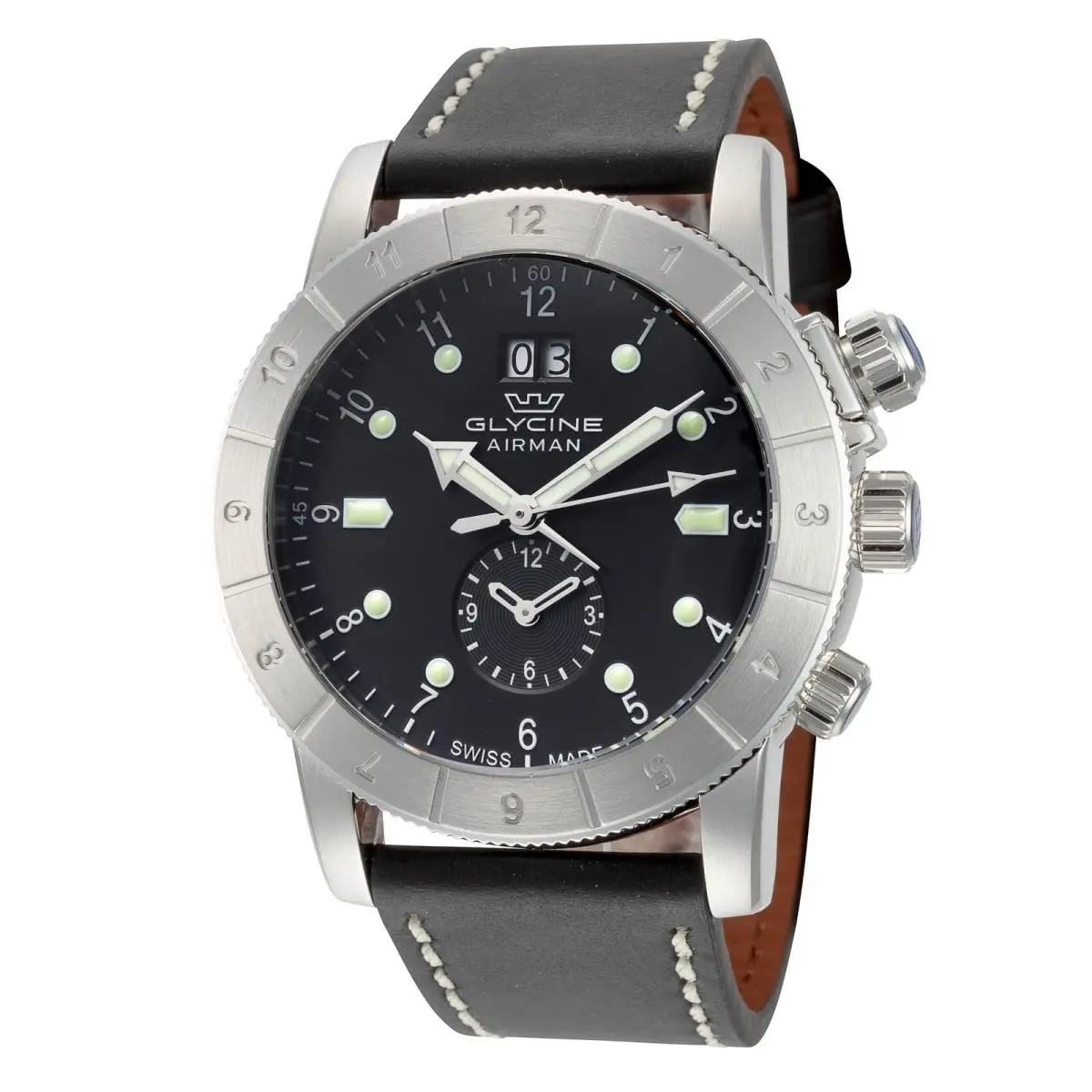 Glycine Men`s Airman Gmt Dual Time 42mm Quartz Watch GL0150 - Dial: Black, Band: Black, Other Dial: Black