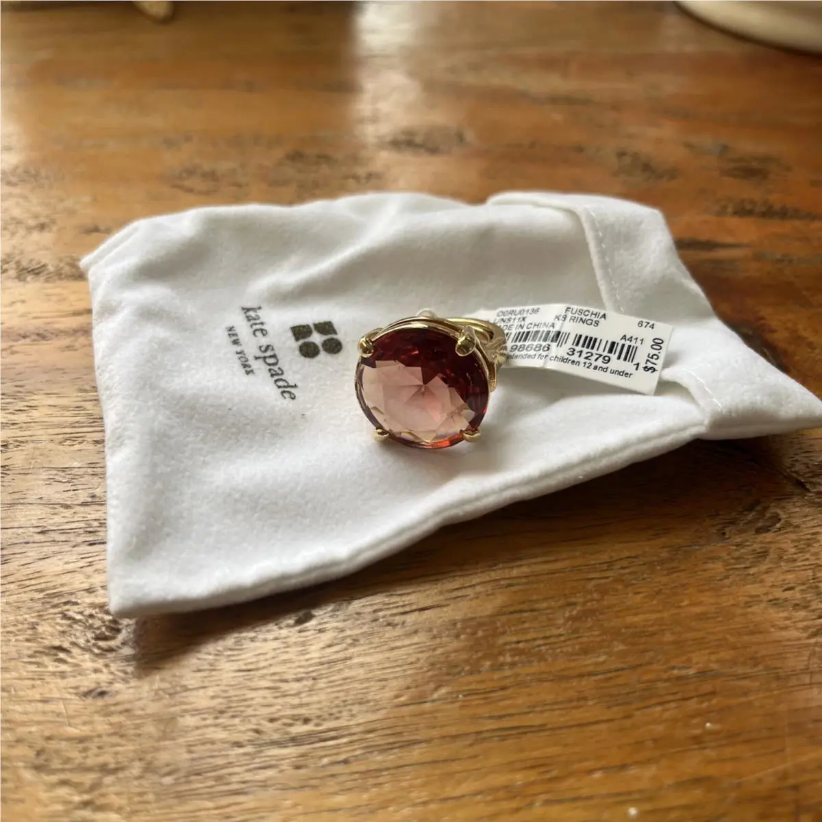 Kate Spade NY Crystal Confection 5 6 7 Gold Adjustable Fuschia Stone Ring