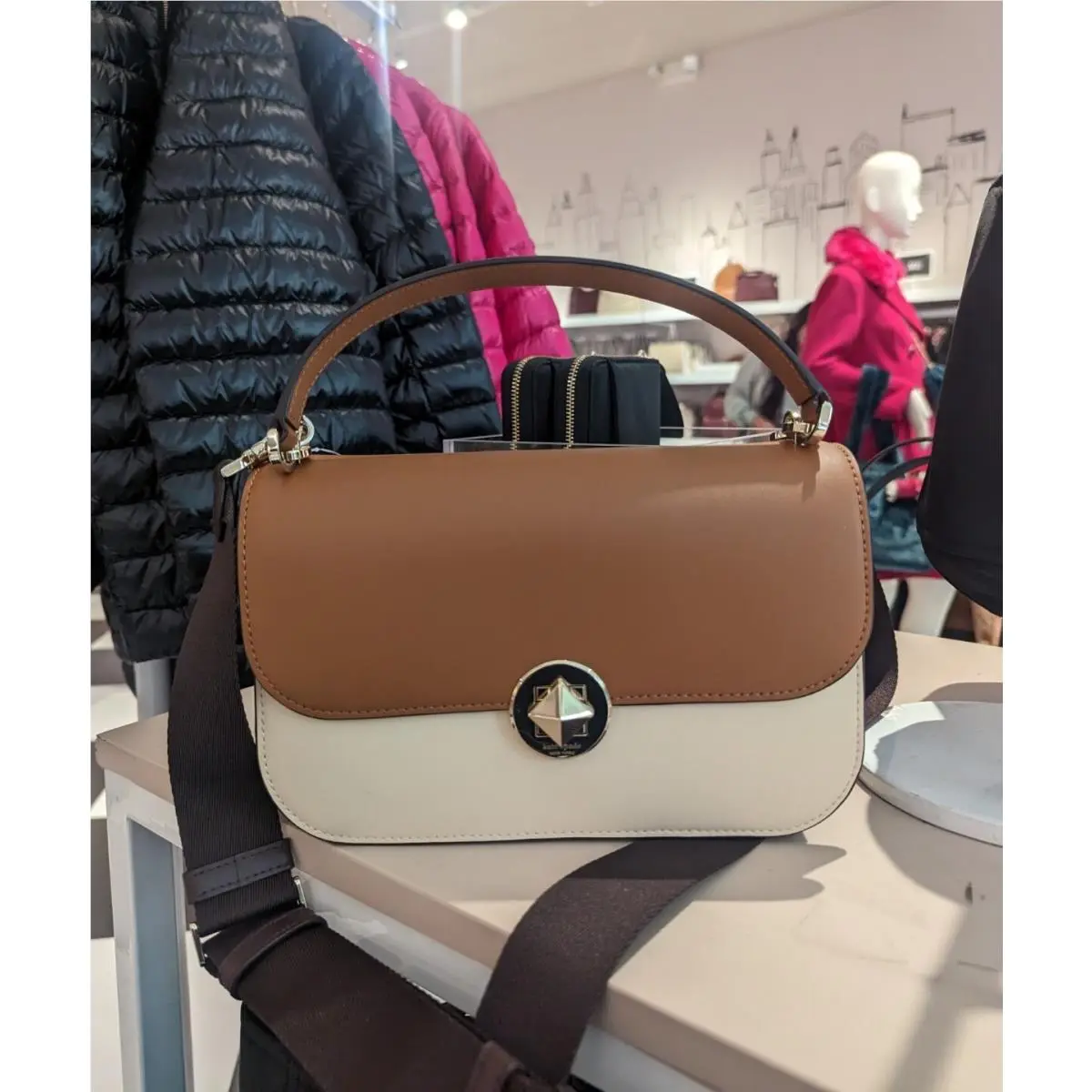 Kate Spade Audrey Smooth Leather Top Handle Flap Turnlock Crossbody Neutral Mult