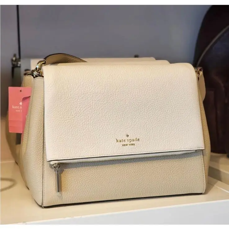 Kate Spade Leila Colorblock Pebbled Leather Flap Shoulder Bag Light Sand