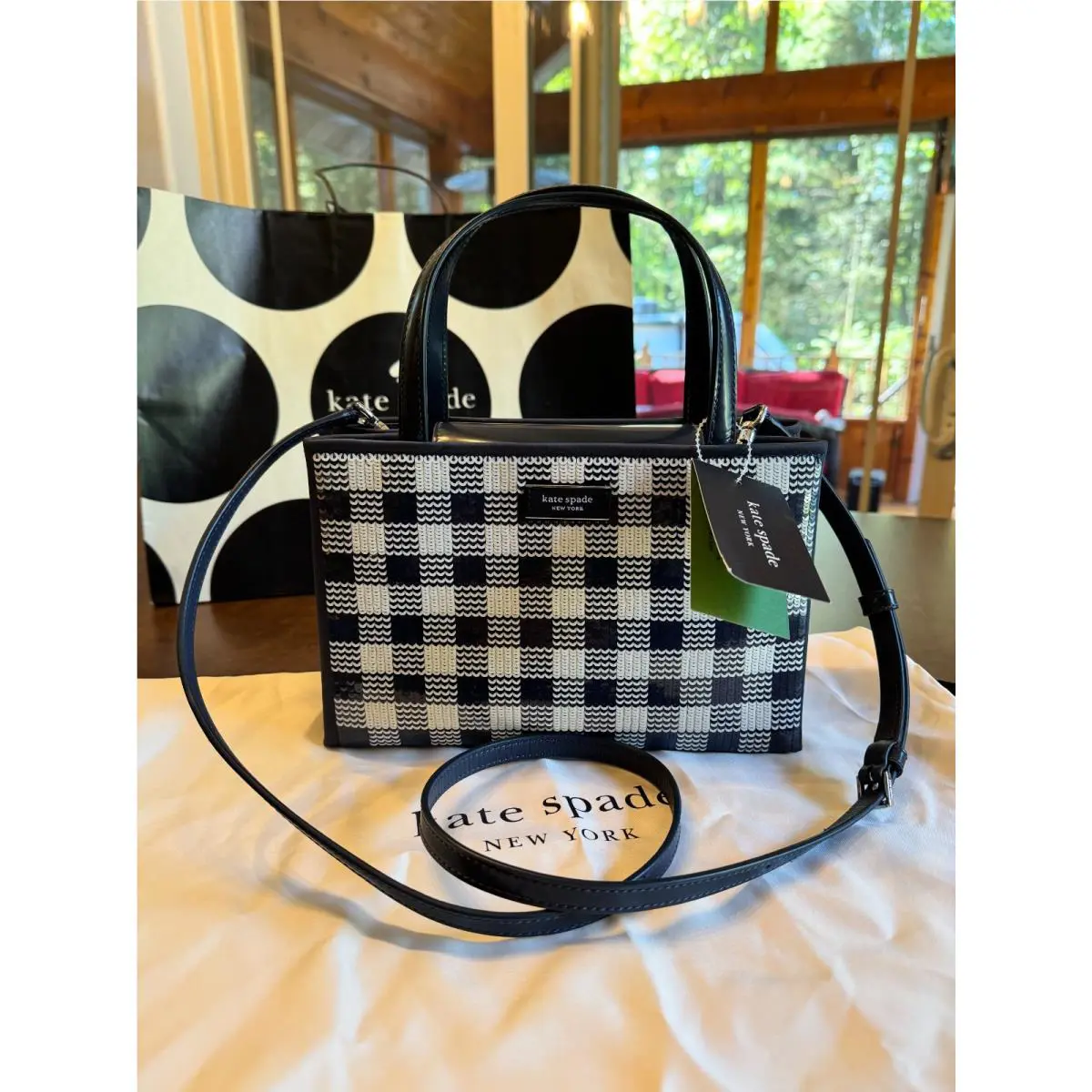Kate Spade New York Sam Icon Gingham Sequin Small Tote Dustbag - Blazer Blue
