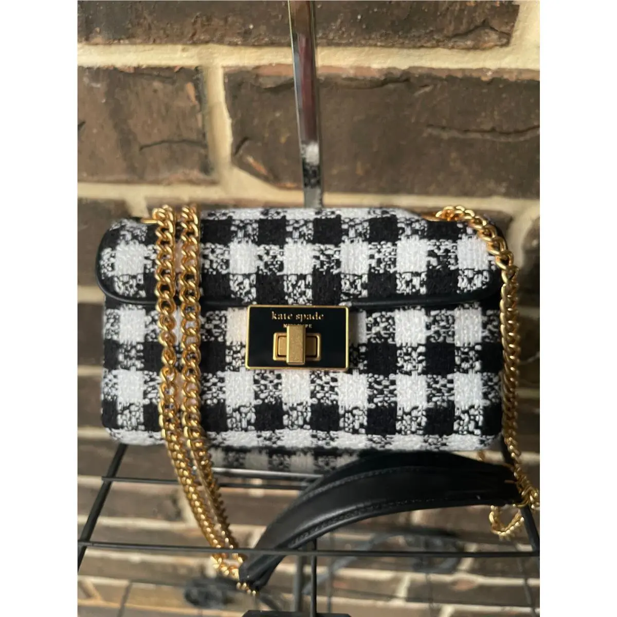 Kate Spade Evelyn Small Shoulder Crossbody Gingham Tweed Fabric Black
