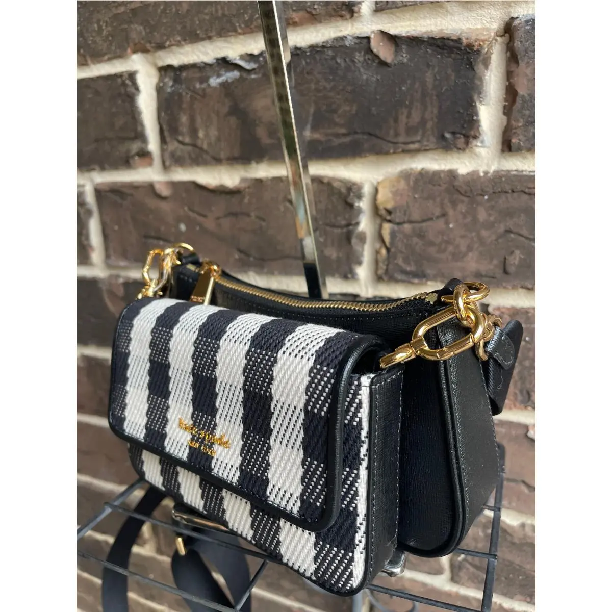 Kate Spade Double Up Crossbody Gingham Field Leather Black White
