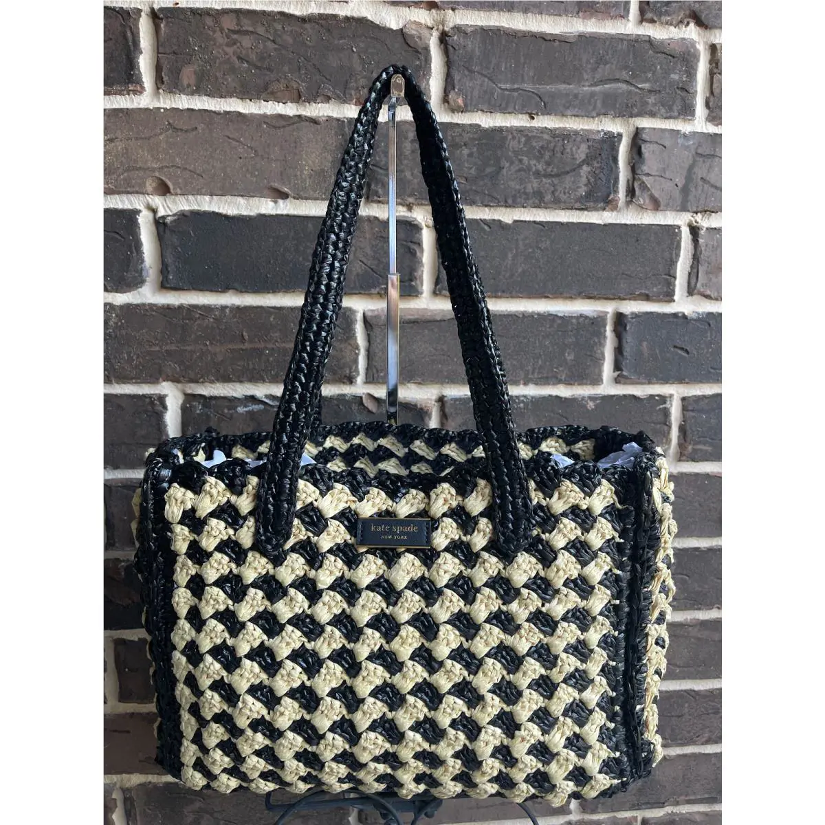 Kate Spade High Tide Striped Crochet Medium Tote Black Multi