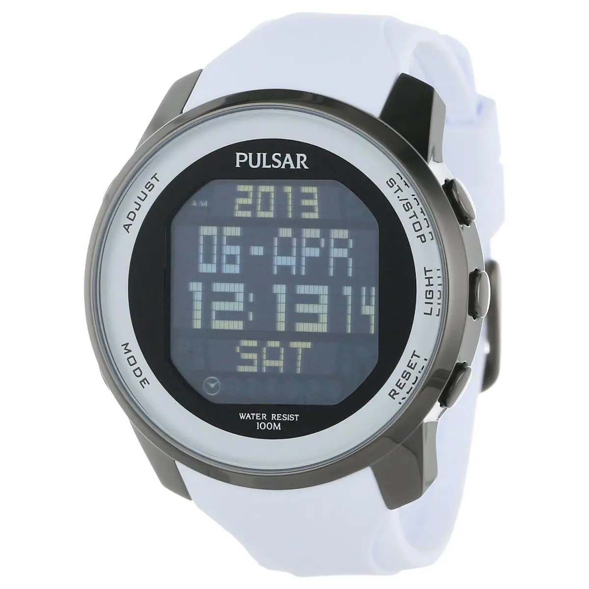 World Time Digital Chronograph Black Dial White Rubber Mens Watch PQ2015 by Pulsar