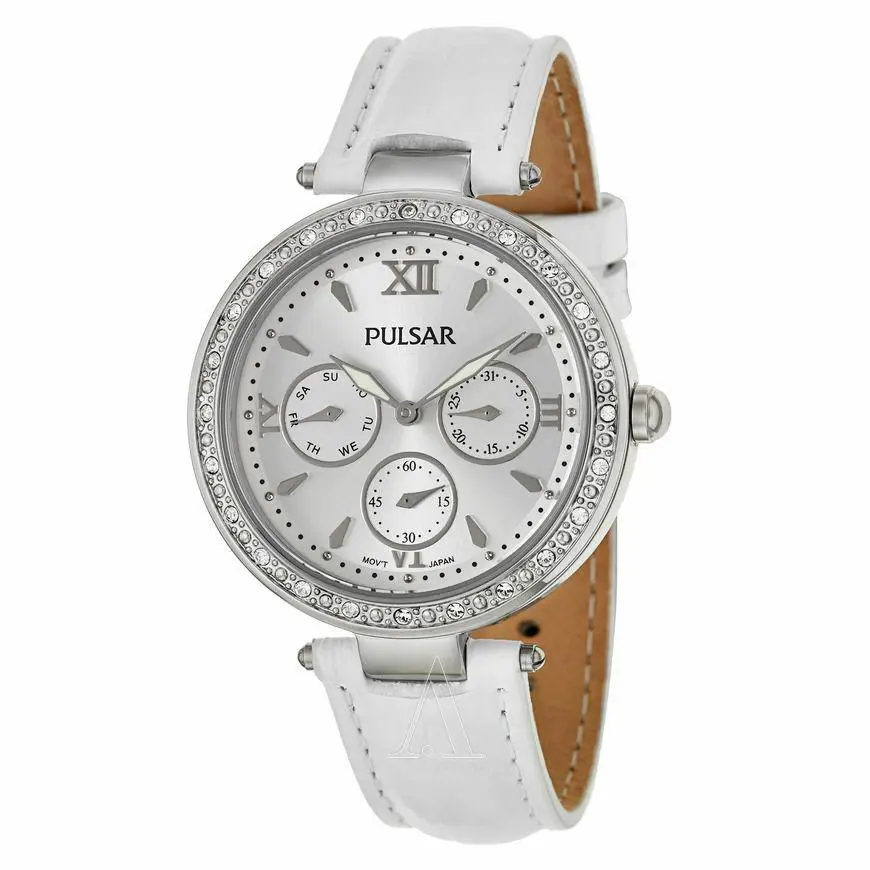 PP6115 Womens Dress Crystal/bezel Silver Dial Calendar White Leather Band by Pulsar