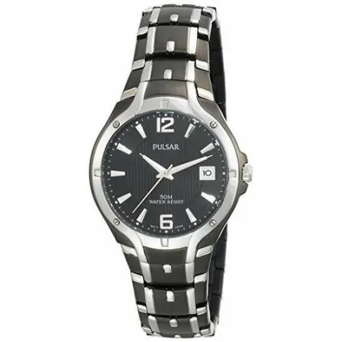 Pulsar PXH521 Black Stainless Steel 38mm Date Quartz Dress Casual Men`s Watch