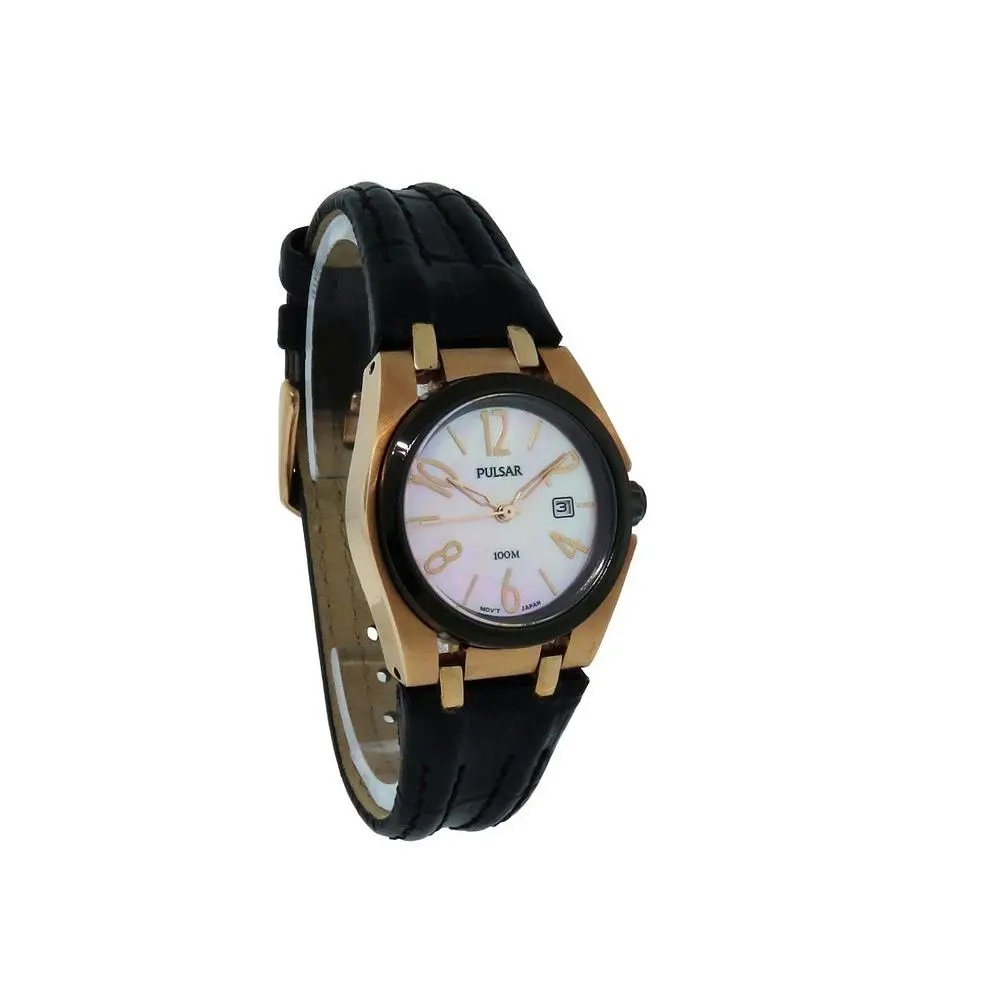 Pulsar PXT660 Women`s Mother of Pearl Round Analog Date Leather Band Watch