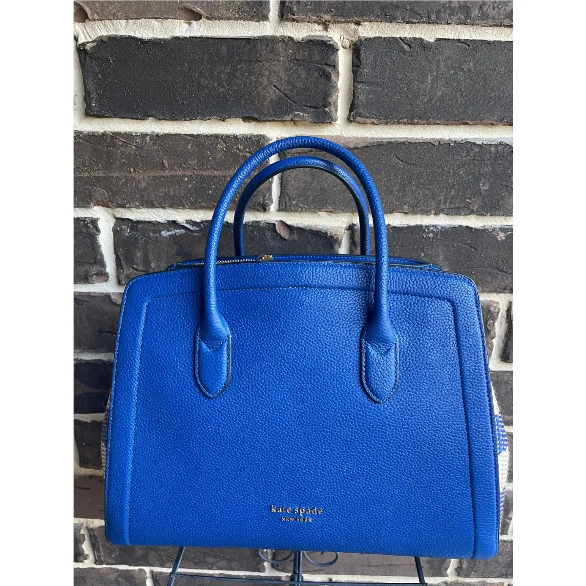 Kate Spade Knott Striped Woven Straw Large Leather Satchel Classic Blue