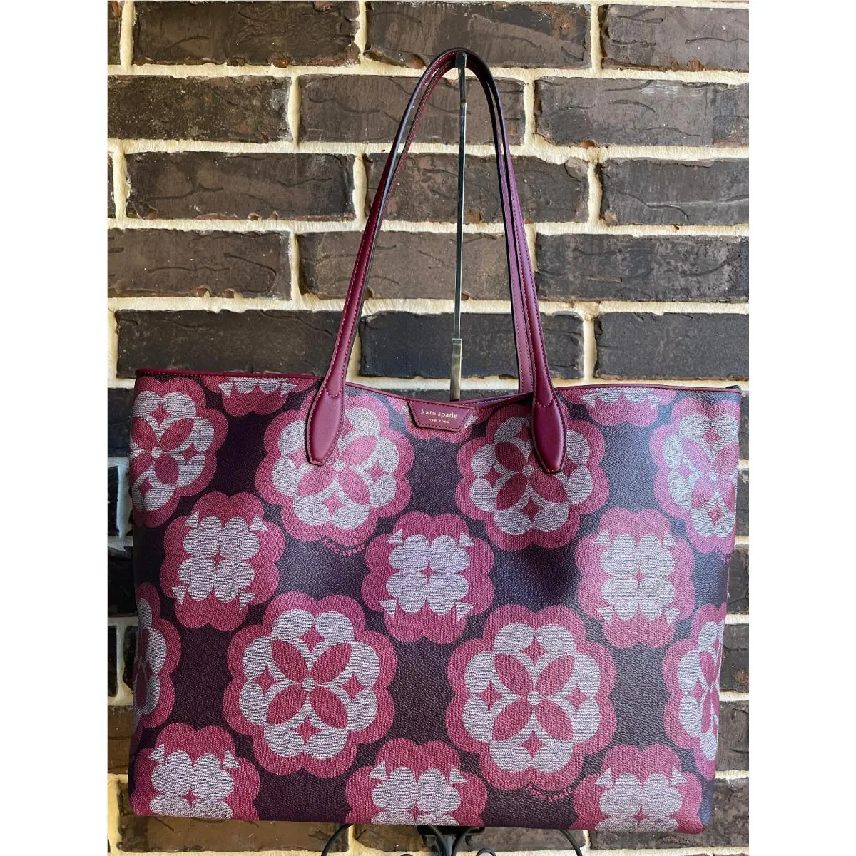Kate Spade Flower Monogram Sutton Large Tote W/pouch Garnet