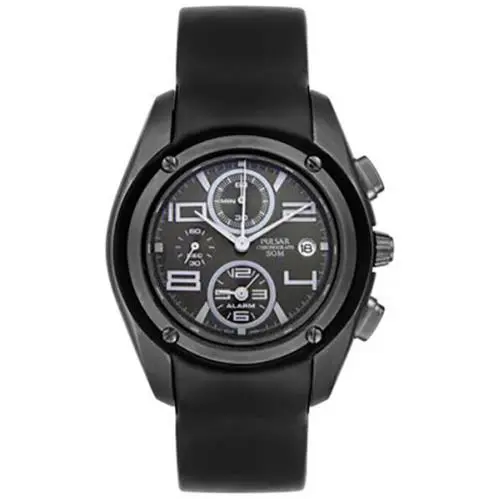 Pulsar BY Seiko PF3721 Black Sport Watch Chronograph Alarm Analog Leather