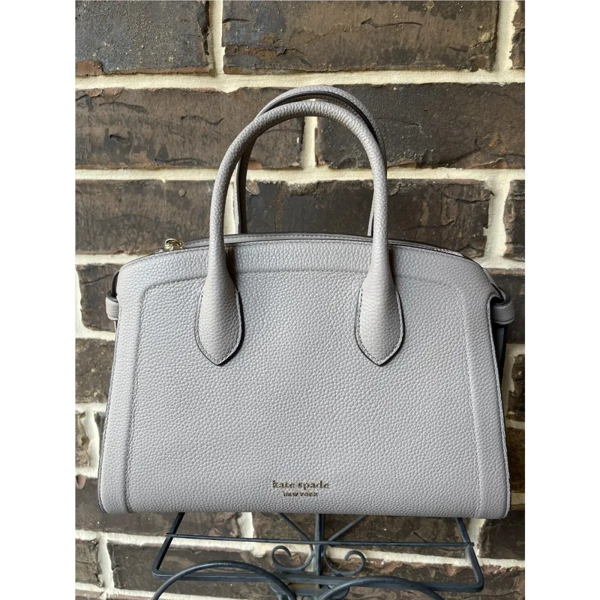 Kate Spade Knott Medium Satchel Pebbled Leather Bag Mushroom Stone Grey